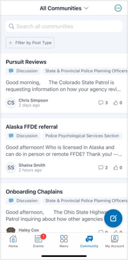 App interface for law enforcement with active discussions on pursuit reviews, FFDE referrals, chaplain onboarding, and community interaction tools.