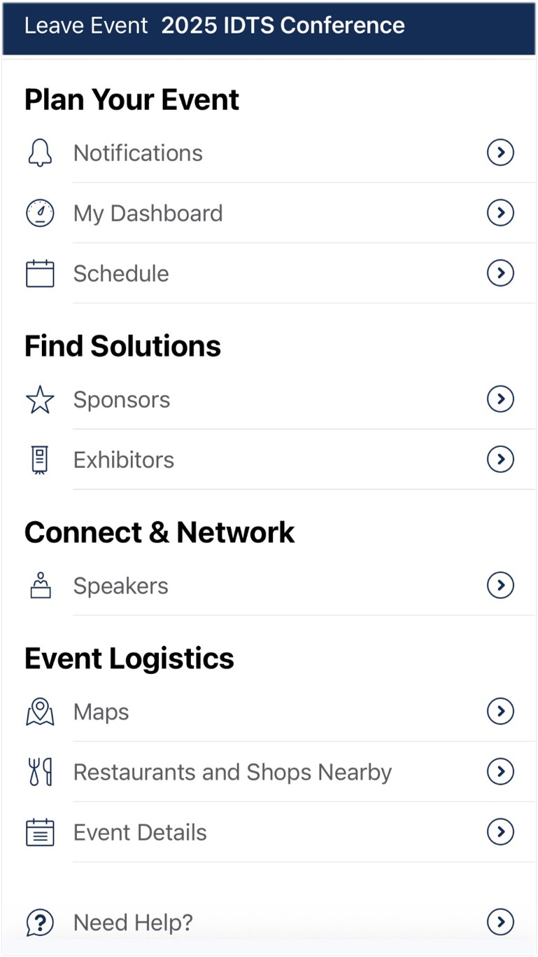 2025 IDTS Conference menu screen showing options: Notifications, Dashboard, Schedule, Sponsors, Exhibitors, Speakers, Maps, Shops, and Event Details.
