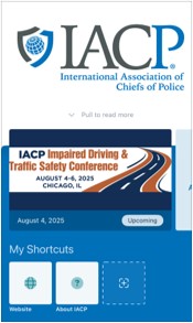 IACP logo and banner for Impaired Driving & Traffic Safety Conference, Aug 4–6, 2025, Chicago; includes date, 'Upcoming' button, and shortcut icons