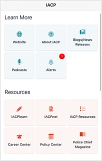 IACP webpage with 'Learn More' links to site, blogs, podcasts, alerts; 'Resources' section includes IACPLearn, IACPnet, Career Center, and magazine
