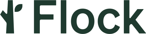Flock logo in dark green features stylized bird head with leaf detail at left, followed by bold uppercase ‘FLOCK’ text on a clean white background